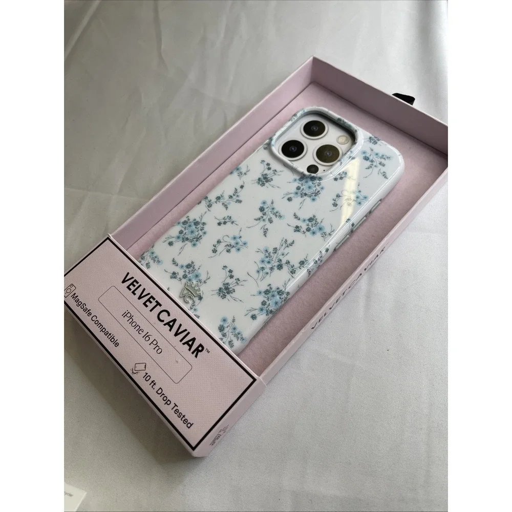 Velvet Caviar iPhone 16 Pro Protective Case Blue Flower Print MagSafe 10ft Drop